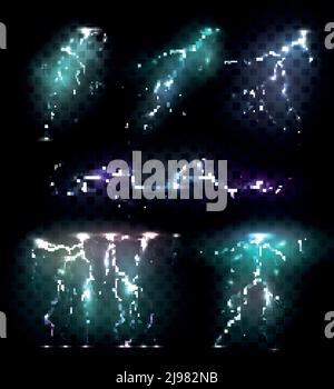 Realistische Blitz Blitze farbigen Satz von isolierten Bildern von Bunte Blitzschläge auf transparentem Hintergrund Vektorgrafik Stock Vektor