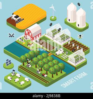 Smart Farm isometrischer Satz mit Landwirtschaft Symbole isometrischen isolierten Vektor Abbildung Stock Vektor