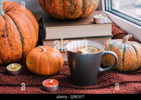 Gemütliches Stillleben im Herbst. Bücher, Kürbisse und Tasse heißen Kaffee auf Fensterbank mit gestricktem Schal. Stockfoto