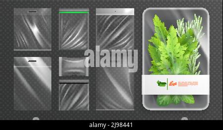 Polyethylen-Kunststoff-Verpackungen isoliert realistische Icon-Set mit grün Zeitbeschreibung auf der Paketvektordarstellung Stock Vektor