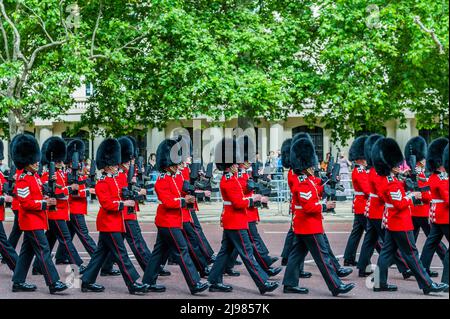 London, Großbritannien. 21.. Mai 2022. Die erste Generalprobe für die Queen's Birthday Parade, besser bekannt als Trooping the Color. Die Irish Guards Truppen Ihre Farbe., Kredit: Guy Bell/Alamy Live News Stockfoto