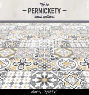 Realistische Keramik Bodenfliesen Hintergrund mit bearbeitbaren Text und Keramik Furnier mit verschiedenen Mustern und Bildern Vektorgrafik Stock Vektor