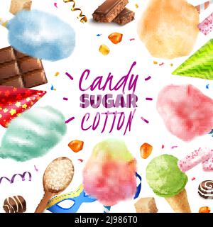 Realistische Zuckerzucker Baumwolle Rahmen Hintergrund mit editierbaren Text und Runde Zusammensetzung von verschiedenen Süßwaren-Produkte Vektor-Illustration Stock Vektor