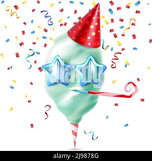 Realistische Zuckerzucker-Baumwolle bunte Komposition mit festlichen Konfetti-Stücken Und Geburtstag Hut auf leeren Hintergrund Vektor-Illustration Stock Vektor