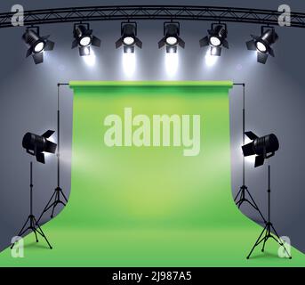 Spotlights realistische Komposition mit Foto-Aufnahme Studio Umgebung Chroma-Taste Cyclorama umgeben von professionellen Spot-Lichter Vektor illustratio Stock Vektor