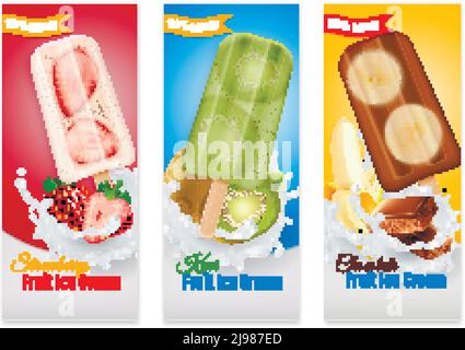 Popsicles realistische Banner mit Werbung für Erdbeer Kiwi und Schokolade Obst Eis isoliert Vektor-Illustration Stock Vektor