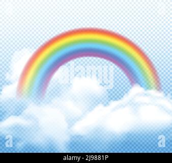 Realistischer heller Regenbogen mit weißen flauschigen Wolken Komposition auf transparent Vektordarstellung im Hintergrund Stock Vektor