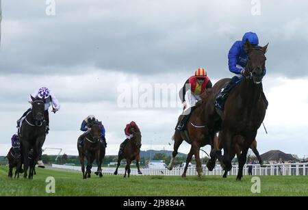 Native Trail von William Buick (rechts) gewinnt die Tattersalls Irish 2.000 Guineas am zweiten Tag des Tattersalls Irish Guineas Festivals auf der Curragh Rennbahn in der Grafschaft Kildare, Irland. Bilddatum: Samstag, 21. Mai 2022. Stockfoto