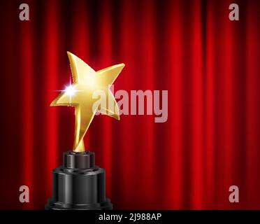 Trophäe Award roten Vorhang Hintergrund realistische Komposition mit Bild von goldene Sternform Tasse auf Sockel Vektor-Illustration Stock Vektor