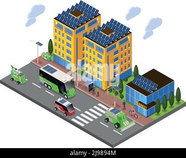 Intelligente städtische Ökologie isometrische Zusammensetzung mit Blick auf die Straße von Solar Energiebetriebene Gebäude und elektrische Transport Vektor-Illustration Stock Vektor