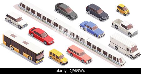 Transport isometrische Symbole mit Bus Auto Zug van isoliert gesetzt Auf weißem Hintergrund 3D Vektorgrafik Stock Vektor