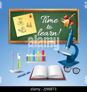 Zeit, realistische Vektor-Illustration mit Mikroskop Tafel geöffnet zu lernen Lehrbuch-Zubehör für chemische Experimente Stock Vektor