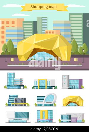 Orthogonales Konzept mit Shopping Mall und Umwelt Design und Set Von Gebäuden Symbole isoliert Vektor-Illustration Stock Vektor