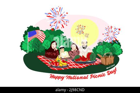 Glückliche muslimische Familie genießt Picknick. Picknick-Tag-Banner. Sie liegen auf dem Gras in einem Park, dem Korb mit Mahlzeit, auf einem karierten rot-weißen Stock Vektor