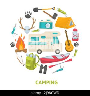 Tourist Camping dekorative Symbole in Kreisform mit Reisen gesetzt Werkzeuge Haus Anhänger Boot isoliert Vektor Illustration Stock Vektor