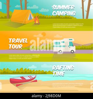 Sommer Camping horizontale Banner mit Zelt Lagerfeuer im Wald gesetzt Reise Tour Rafting isoliert Vektor Illustration Stock Vektor