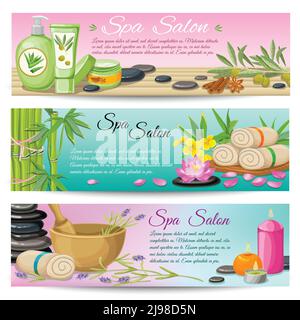 Spa Salon horizontale Banner mit Olive Kosmetik Ost Medizin gesetzt Blumen und Kerzen isoliert Vektor-Illustration Stock Vektor