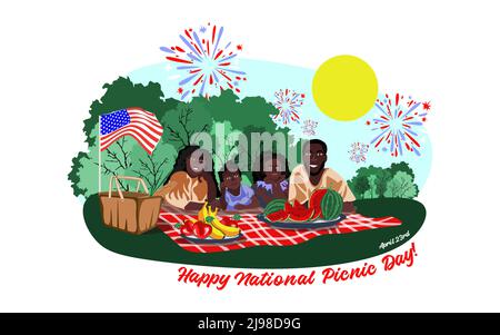 Glückliche afroamerikanische Familie genießt Picknick. Picknick-Tag-Banner. Sie liegen auf dem Gras in einem Park, dem Korb mit dem Essen, auf einem karierten Rot Stock Vektor
