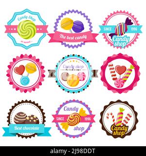 Sweet Candy Flat Emblem oder runde Logos in verschiedenen Farben Mit verschiedenen Süßigkeiten innen mit Bändern Vektor-Illustration Stock Vektor