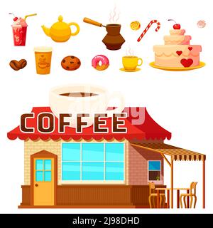 Isolierte Coffee Shop Haus Bild und Menüpunkte Cartoon-Symbole Set mit Süßigkeiten Getränke und Kuchen Vektor-Illustration Stock Vektor