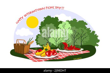 Internationale und nationale Picknick-Tag Vektor-Illustration. Happy Picknick Day Banner. Der Korb mit Mahlzeit, auf einer karierten rot-weißen Tischdecke, wate Stock Vektor