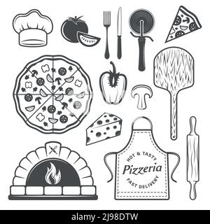 Pizzeria monochrome Elemente Set mit gekochtem Produkt und Gemüse Uniform Von Koch kulinarischen Utensilien isoliert Vektor-Illustration Stock Vektor