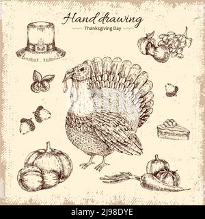 Thanksgiving Day Design mit Obst und Gemüse truthahn und Eicheln Auf abgenutzten Hintergrund handgezeichnete Vektorgrafik Stock Vektor