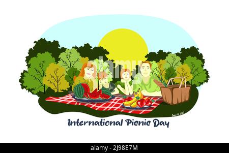 Glückliche europäische Familie genießt Picknick. Picknick-Tag-Banner. Sie liegen auf dem Gras in einem Park, auf dem Korb mit dem Essen, auf einem karierten Rot und Whit Stock Vektor