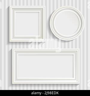 Set aus drei minimalistischen weißen Rahmen in verschiedenen Formen mit Schatten auf gestreiften grauen Wand Hintergrund Vektor-Illustration Stock Vektor