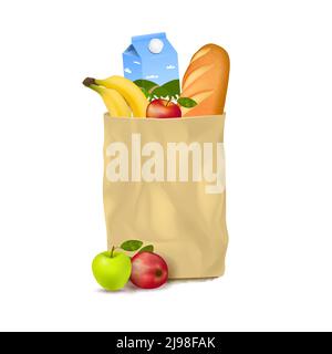 Isolierte realistische Bild der braunen Handwerk Papierbeutel voll von Lebensmittel Brot Milch Früchte mit Schatten Vektorgrafik Stock Vektor