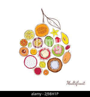Skizze farbige exotische Produkte rund Konzept mit frischen tropischen Früchten Und Beeren isoliert Vektor-Illustration Stock Vektor