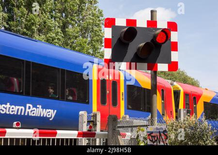 Ein Zug der South Western Railway, der den Bahnübergang Vine Road, Barnes, London, SW13, England, VEREINIGTES KÖNIGREICH Stockfoto