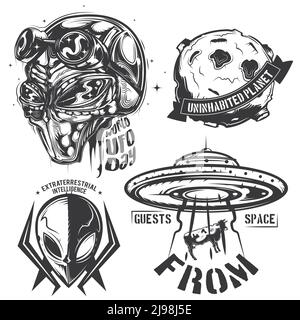 Set von UFO-Elementen (Aliens, fliegende Untertasse, Planet etc.) Embleme, Etiketten, Abzeichen, Logos. Isoliert auf Weiß Stock Vektor