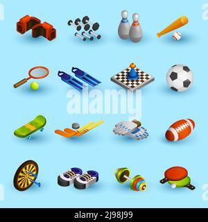 Sportausrüstung isometrische Symbole Set mit Boxer Handschuhe Fußball Baseball Fledermaus isoliert Vektor-Illustration Stock Vektor