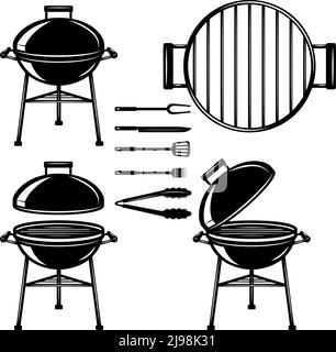 Set von BBQ Grill Icons und Design-Elemente in Vintage monochromen Stil. Gestaltungselement für Poster, Karte, Banner, Logo. Vektorgrafik Stock Vektor