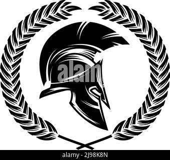 Spartanischer Helm mit Lorbeerkranz. Gestaltungselement für Logo, Emblem, Schild, Poster, T-Shirt. Vektorgrafik Stock Vektor
