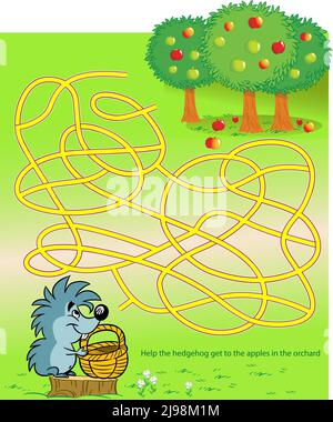 Puzzle Labyrinth mit Cartoon Igel und Apfelgarten Stock Vektor