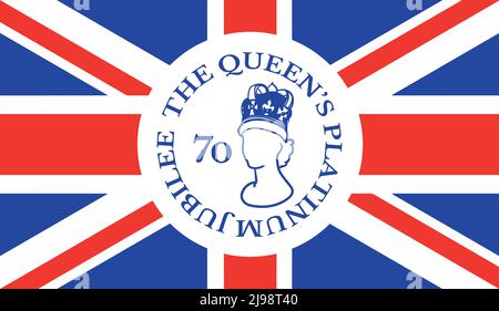 Das „Queens Platinum Jubilee“-Festplakat mit der Silhouette von Queen Elizabeth auf britischer Flagge im Hintergrund. Vektor-Illustration für Ihre Majestät die Königin auf ihre 70 Jahre Dienst 1952 - 2022 Stock Vektor