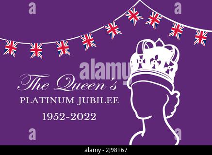 Die Queens Platinum Jubilee Feier Poster Hintergrund mit Silhouette von Königin Elizabeth. Vektorgrafik für Ihre Majestät die Königin über ihre 70 Jahre Dienst von 1952 bis 2022 Stock Vektor