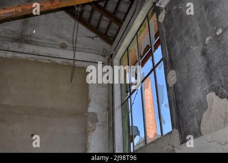 Lost Place, Halle, Lager, verlassen, aufgenommen, Tür, Fenster, Efeu, wachsen, verwildert, Schutt, Müll, Fenster, Fensterscheiben, Schmutz, Broche Stockfoto