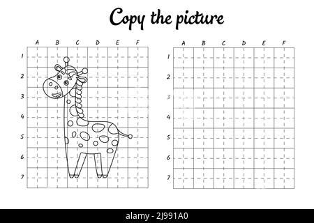 Kopieren Sie das Bild. Zeichnen durch Raster. Malbuch-Seiten für Kinder. Handschrift üben, Zeichnen Fähigkeiten Training. Bildung Entwicklung druckbarer Arbeitsblätter. Stock Vektor