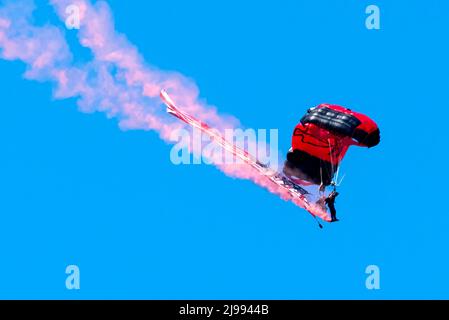 Zwei Parajumpers (Gleitschirme) mit American Flag und SmokeTrail auf der Seymour John Air Force Base, Goldsboro, NC #2 Stockfoto