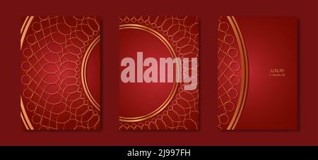 Set Luxus rote Karte Dekorative runde goldene Rahmen Mandala für Design mit floralen Ornament. Kreisrandvorlage zum Drucken von Postkarten, Einladungen, b Stock Vektor