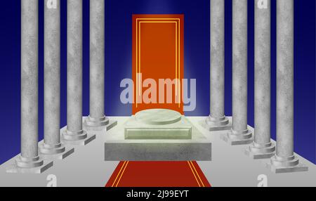 Weißes Marmorpodium mit 3 Stufen auf dunkelblauem Hintergrund. Roter Teppich in der Mitte. 2 Reihen von Spalten auf beiden Seiten Stock Vektor