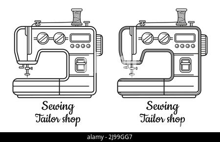 Nähmaschine annähen, Symbol des Schneiderladens. Schneiderei, Reparaturkleidung, Textilstickerei. Schneiderei elektrische Ausrüstung, Schneiderei. Vektor Stock Vektor