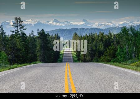 Eine leere Straße, landschaftlich schöner Nebenstraße Highway 47, Mesa Falls, Highway, führt in die ferne Teton Range, Island Park, Fremont County, Idaho, USA Stockfoto