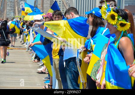 New York, Usa. 21.. Mai 2022. Am 21. Mai 2022 werden Teilnehmer der Menschenkette mit ukrainischer Flagge auf der Brooklyn Bridge, New York City, gesehen. Quelle: Pacific Press Media Production Corp./Alamy Live News Stockfoto