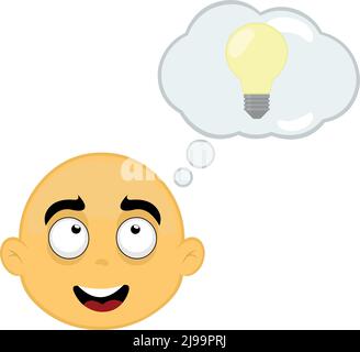 Vektor-Illustration des Gesichts eines gelben und kahlen Cartoon-Charakter, mit einer Wolke des Denkens mit einer Glühbirne, im Konzept der guten Idee oder creativi Stock Vektor