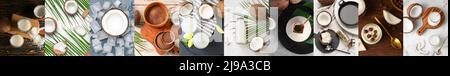 Set aus verschiedenen Kokosnussprodukten, Draufsicht Stockfoto