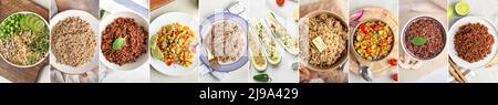 Köstliche Gerichte mit gesundem Quinoa, Draufsicht Stockfoto